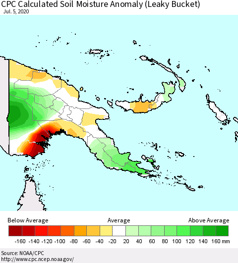 Papua New Guinea CPC Soil Moisture Departure from Normal (Leaky Bucket) Thematic Map For 7/1/2020 - 7/5/2020
