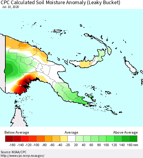 Papua New Guinea CPC Soil Moisture Departure from Normal (Leaky Bucket) Thematic Map For 7/6/2020 - 7/10/2020