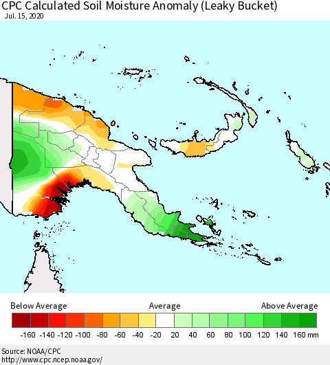 Papua New Guinea CPC Soil Moisture Departure from Normal (Leaky Bucket) Thematic Map For 7/11/2020 - 7/15/2020