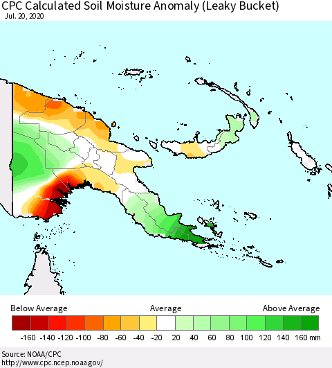 Papua New Guinea CPC Soil Moisture Departure from Normal (Leaky Bucket) Thematic Map For 7/16/2020 - 7/20/2020