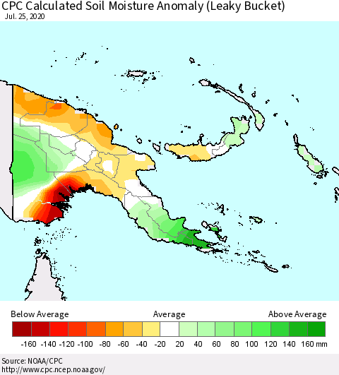 Papua New Guinea CPC Soil Moisture Departure from Normal (Leaky Bucket) Thematic Map For 7/21/2020 - 7/25/2020