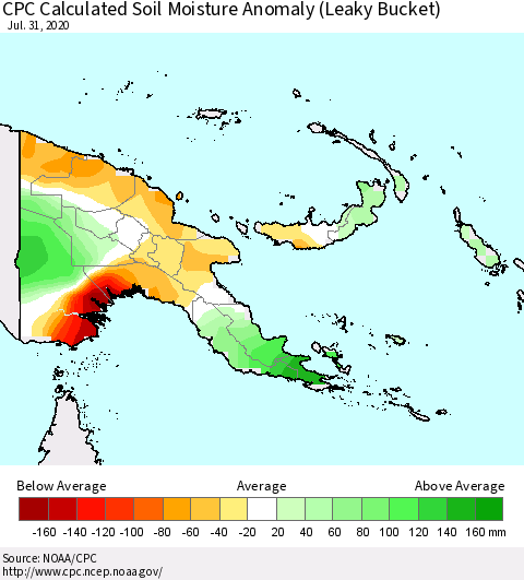Papua New Guinea CPC Soil Moisture Departure from Normal (Leaky Bucket) Thematic Map For 7/26/2020 - 7/31/2020