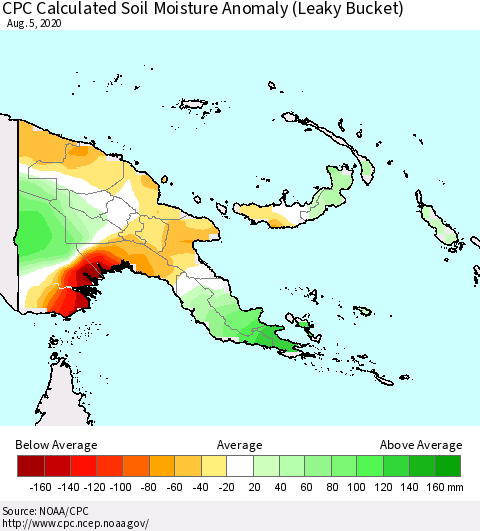 Papua New Guinea CPC Soil Moisture Departure from Normal (Leaky Bucket) Thematic Map For 8/1/2020 - 8/5/2020
