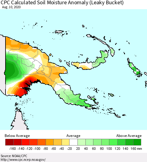 Papua New Guinea CPC Soil Moisture Departure from Normal (Leaky Bucket) Thematic Map For 8/6/2020 - 8/10/2020