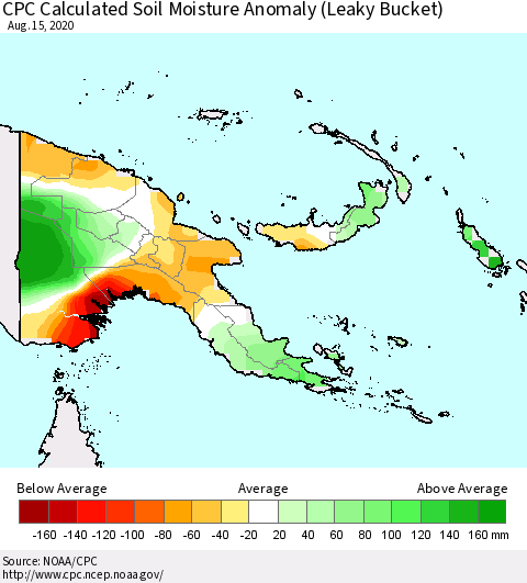 Papua New Guinea CPC Soil Moisture Departure from Normal (Leaky Bucket) Thematic Map For 8/11/2020 - 8/15/2020