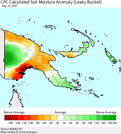 Papua New Guinea CPC Soil Moisture Departure from Normal (Leaky Bucket) Thematic Map For 8/16/2020 - 8/20/2020