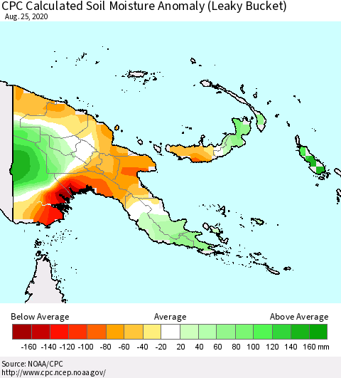 Papua New Guinea CPC Soil Moisture Departure from Normal (Leaky Bucket) Thematic Map For 8/21/2020 - 8/25/2020