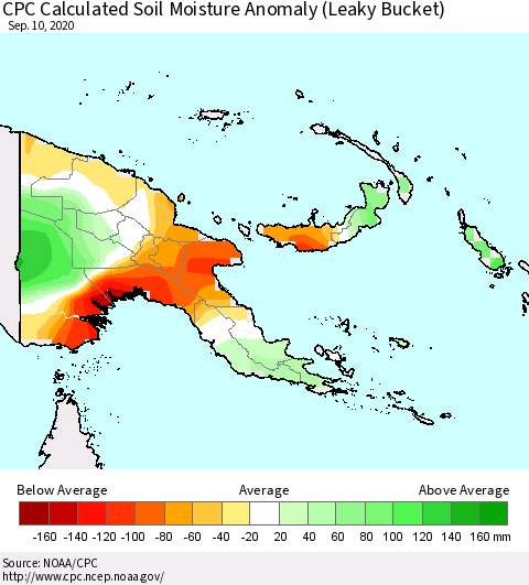 Papua New Guinea CPC Soil Moisture Departure from Normal (Leaky Bucket) Thematic Map For 9/6/2020 - 9/10/2020