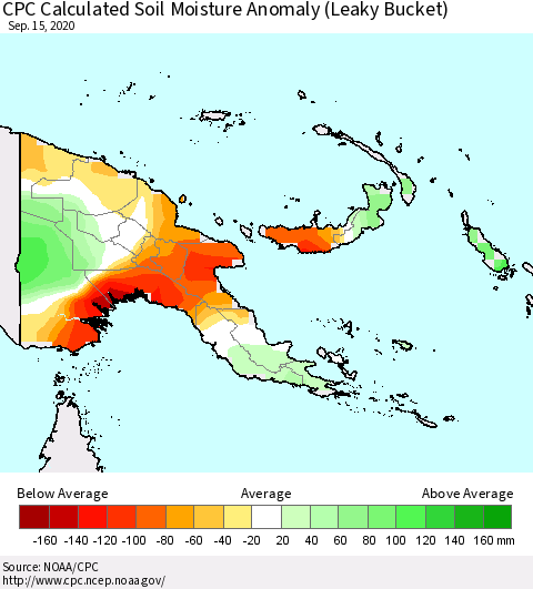 Papua New Guinea CPC Soil Moisture Departure from Normal (Leaky Bucket) Thematic Map For 9/11/2020 - 9/15/2020