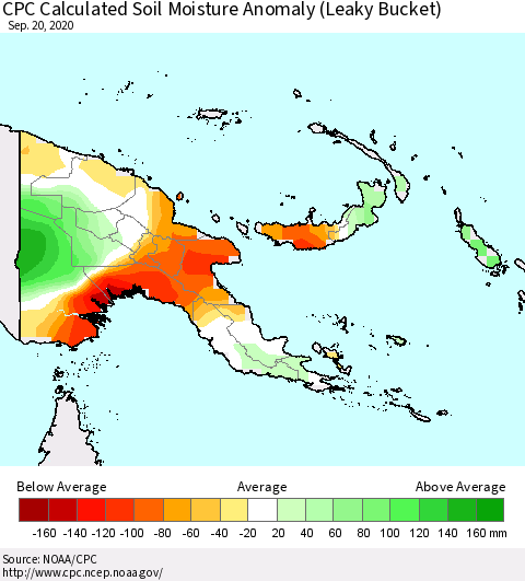 Papua New Guinea CPC Soil Moisture Departure from Normal (Leaky Bucket) Thematic Map For 9/16/2020 - 9/20/2020