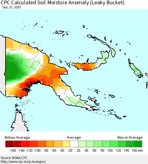 Papua New Guinea CPC Soil Moisture Departure from Normal (Leaky Bucket) Thematic Map For 9/21/2020 - 9/25/2020