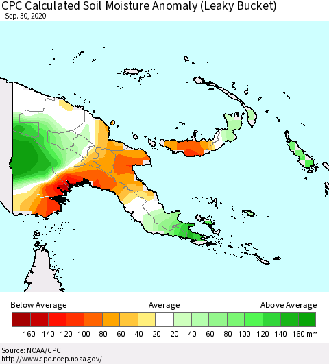 Papua New Guinea CPC Soil Moisture Departure from Normal (Leaky Bucket) Thematic Map For 9/26/2020 - 9/30/2020