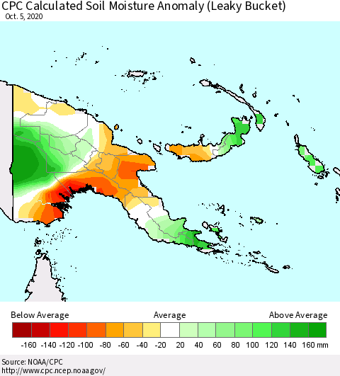 Papua New Guinea CPC Soil Moisture Departure from Normal (Leaky Bucket) Thematic Map For 10/1/2020 - 10/5/2020