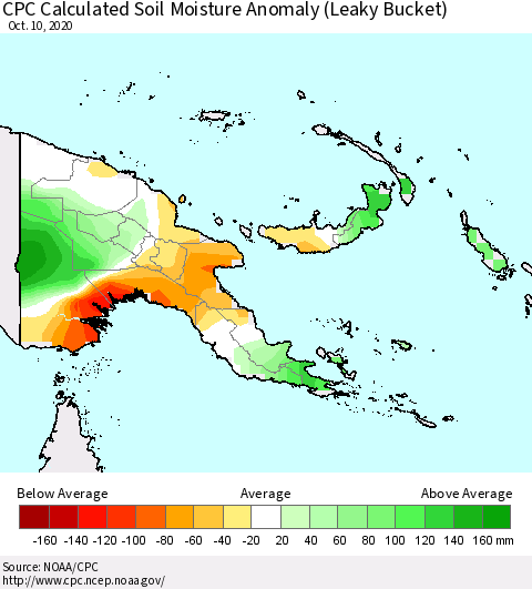 Papua New Guinea CPC Soil Moisture Departure from Normal (Leaky Bucket) Thematic Map For 10/6/2020 - 10/10/2020