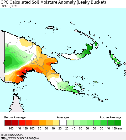 Papua New Guinea CPC Soil Moisture Departure from Normal (Leaky Bucket) Thematic Map For 10/11/2020 - 10/15/2020