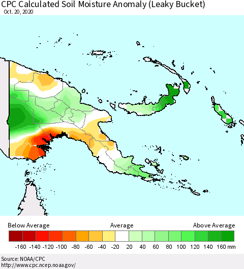 Papua New Guinea CPC Soil Moisture Departure from Normal (Leaky Bucket) Thematic Map For 10/16/2020 - 10/20/2020