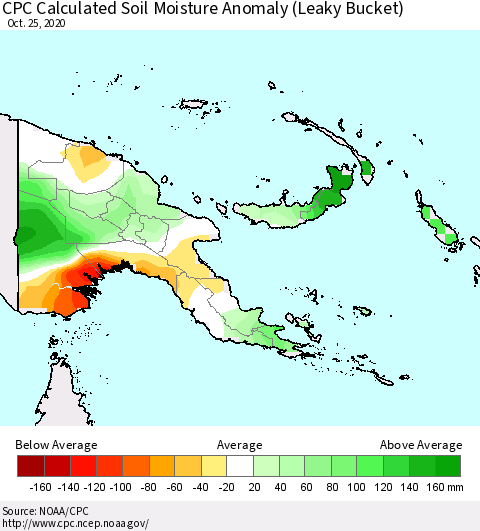 Papua New Guinea CPC Soil Moisture Departure from Normal (Leaky Bucket) Thematic Map For 10/21/2020 - 10/25/2020