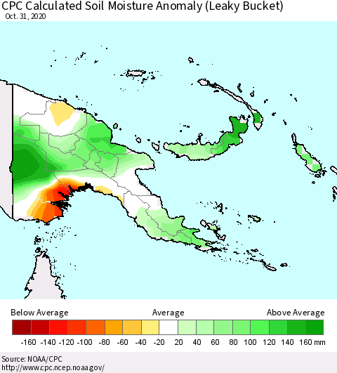 Papua New Guinea CPC Soil Moisture Departure from Normal (Leaky Bucket) Thematic Map For 10/26/2020 - 10/31/2020