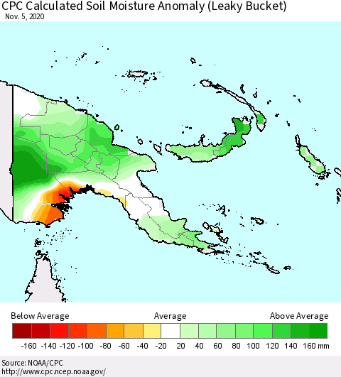 Papua New Guinea CPC Soil Moisture Departure from Normal (Leaky Bucket) Thematic Map For 11/1/2020 - 11/5/2020