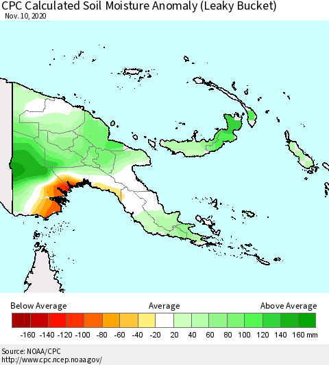 Papua New Guinea CPC Soil Moisture Departure from Normal (Leaky Bucket) Thematic Map For 11/6/2020 - 11/10/2020
