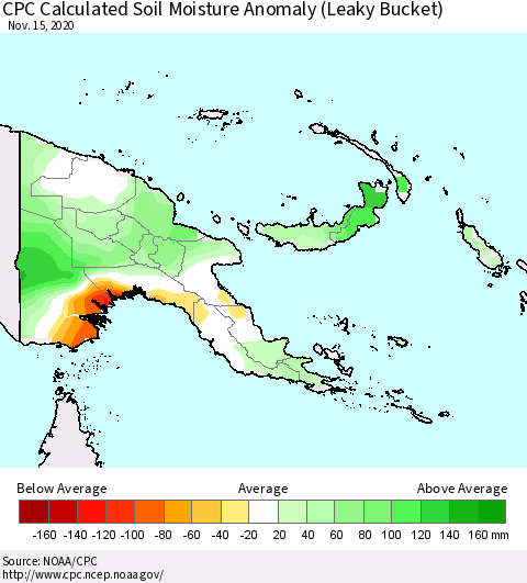 Papua New Guinea CPC Soil Moisture Departure from Normal (Leaky Bucket) Thematic Map For 11/11/2020 - 11/15/2020