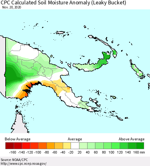Papua New Guinea CPC Soil Moisture Departure from Normal (Leaky Bucket) Thematic Map For 11/16/2020 - 11/20/2020