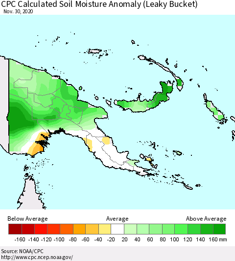 Papua New Guinea CPC Soil Moisture Departure from Normal (Leaky Bucket) Thematic Map For 11/26/2020 - 11/30/2020