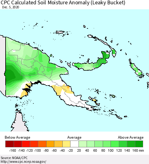Papua New Guinea CPC Soil Moisture Departure from Normal (Leaky Bucket) Thematic Map For 12/1/2020 - 12/5/2020