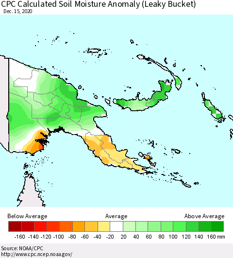 Papua New Guinea CPC Soil Moisture Departure from Normal (Leaky Bucket) Thematic Map For 12/11/2020 - 12/15/2020