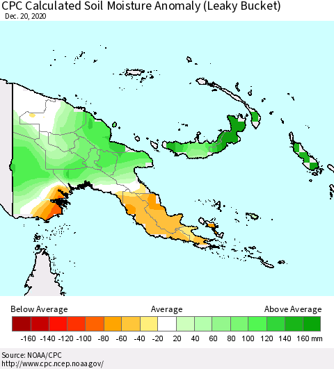 Papua New Guinea CPC Soil Moisture Departure from Normal (Leaky Bucket) Thematic Map For 12/16/2020 - 12/20/2020