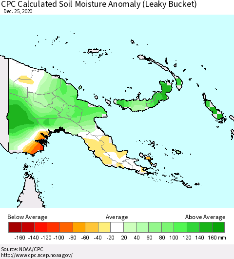Papua New Guinea CPC Soil Moisture Departure from Normal (Leaky Bucket) Thematic Map For 12/21/2020 - 12/25/2020