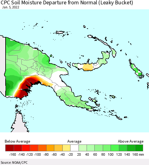 Papua New Guinea CPC Soil Moisture Departure from Normal (Leaky Bucket) Thematic Map For 1/1/2022 - 1/5/2022