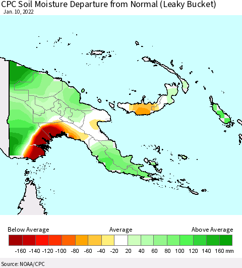 Papua New Guinea CPC Soil Moisture Departure from Normal (Leaky Bucket) Thematic Map For 1/6/2022 - 1/10/2022