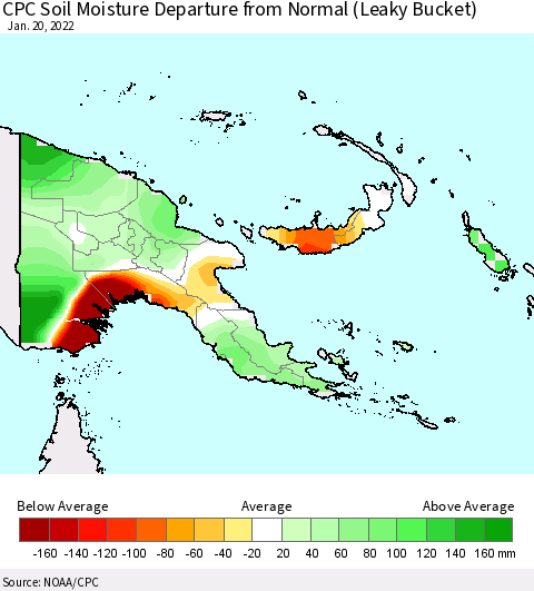 Papua New Guinea CPC Soil Moisture Departure from Normal (Leaky Bucket) Thematic Map For 1/16/2022 - 1/20/2022