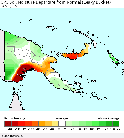 Papua New Guinea CPC Soil Moisture Departure from Normal (Leaky Bucket) Thematic Map For 1/21/2022 - 1/25/2022
