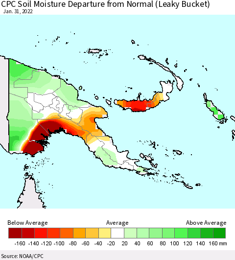 Papua New Guinea CPC Soil Moisture Departure from Normal (Leaky Bucket) Thematic Map For 1/26/2022 - 1/31/2022