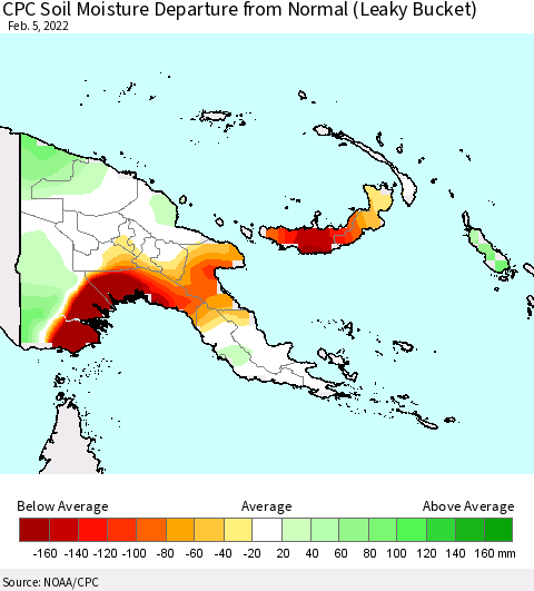 Papua New Guinea CPC Soil Moisture Departure from Normal (Leaky Bucket) Thematic Map For 2/1/2022 - 2/5/2022