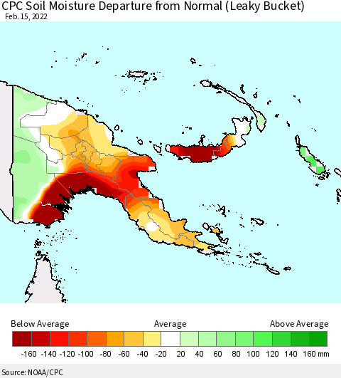 Papua New Guinea CPC Soil Moisture Departure from Normal (Leaky Bucket) Thematic Map For 2/11/2022 - 2/15/2022