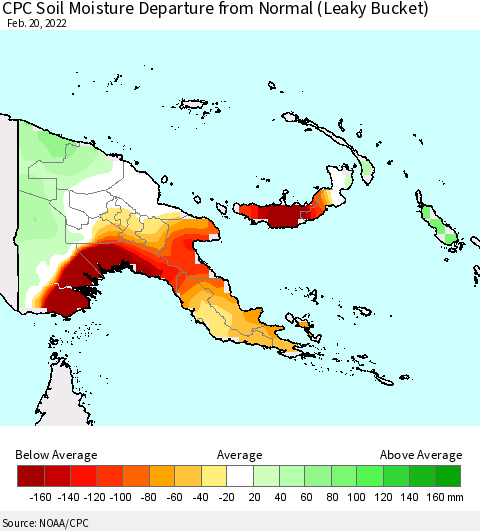 Papua New Guinea CPC Soil Moisture Departure from Normal (Leaky Bucket) Thematic Map For 2/16/2022 - 2/20/2022