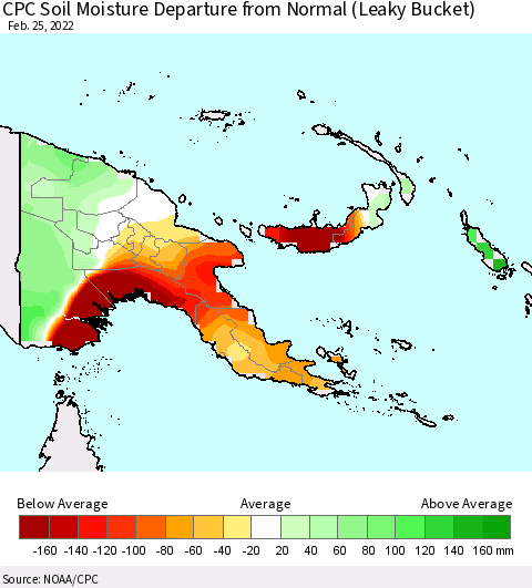 Papua New Guinea CPC Soil Moisture Departure from Normal (Leaky Bucket) Thematic Map For 2/21/2022 - 2/25/2022