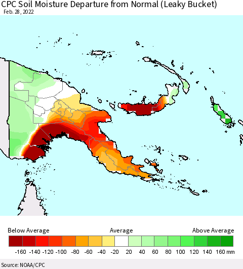 Papua New Guinea CPC Soil Moisture Departure from Normal (Leaky Bucket) Thematic Map For 2/26/2022 - 2/28/2022