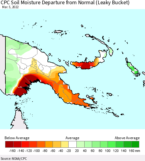 Papua New Guinea CPC Soil Moisture Departure from Normal (Leaky Bucket) Thematic Map For 3/1/2022 - 3/5/2022