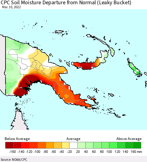 Papua New Guinea CPC Soil Moisture Departure from Normal (Leaky Bucket) Thematic Map For 3/6/2022 - 3/10/2022