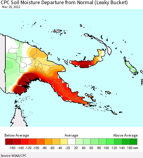 Papua New Guinea CPC Soil Moisture Departure from Normal (Leaky Bucket) Thematic Map For 3/16/2022 - 3/20/2022