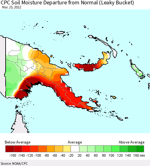 Papua New Guinea CPC Soil Moisture Departure from Normal (Leaky Bucket) Thematic Map For 3/21/2022 - 3/25/2022
