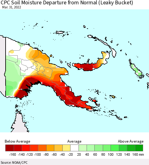 Papua New Guinea CPC Soil Moisture Departure from Normal (Leaky Bucket) Thematic Map For 3/26/2022 - 3/31/2022