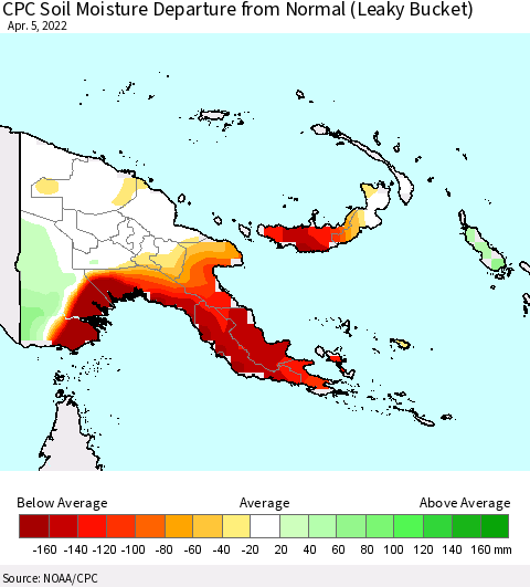 Papua New Guinea CPC Soil Moisture Departure from Normal (Leaky Bucket) Thematic Map For 4/1/2022 - 4/5/2022