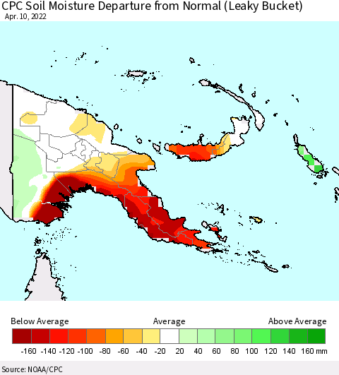 Papua New Guinea CPC Soil Moisture Departure from Normal (Leaky Bucket) Thematic Map For 4/6/2022 - 4/10/2022