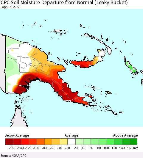 Papua New Guinea CPC Soil Moisture Departure from Normal (Leaky Bucket) Thematic Map For 4/11/2022 - 4/15/2022