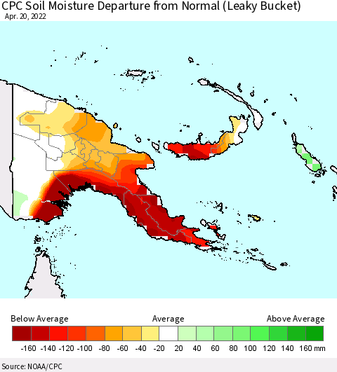 Papua New Guinea CPC Soil Moisture Departure from Normal (Leaky Bucket) Thematic Map For 4/16/2022 - 4/20/2022